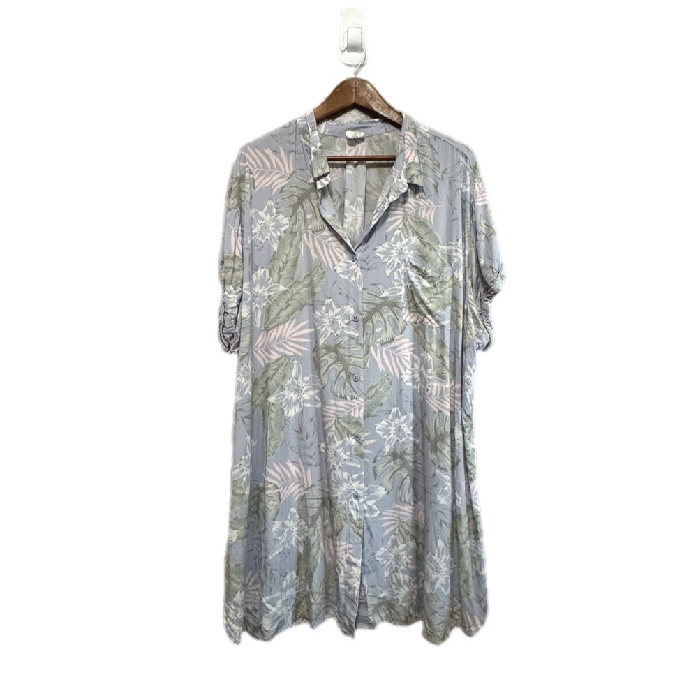 Jasmine + Ginger Shirt Dress Womens 2X Blue Tropical Floral Rayon Excellent Mini